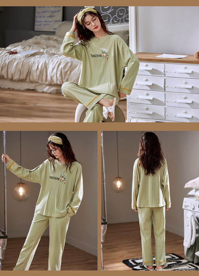 棉質休閒長袖家居服/睡衣套裝-格紋+兔兔-杏+紅