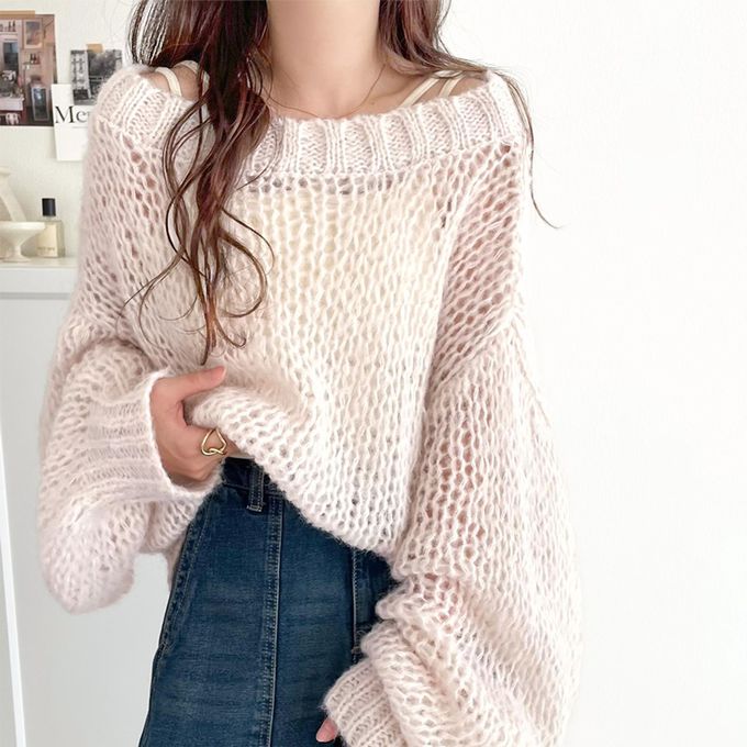 日本 Classical Elf - 甜美船領針織洞洞大寬袖毛衣-炭灰