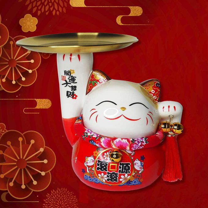 MODACore 摩達客 - ◉春節開運◉財源滾滾頂盤陶瓷招財貓-托盤紅色款_撲滿存錢桶擺飾桌飾