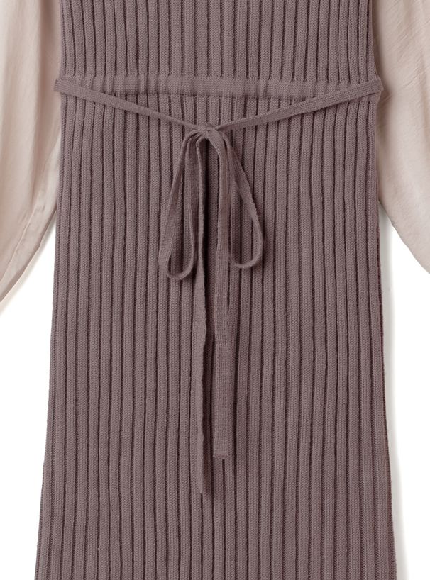 日本 GRL - 異材質拼接雪紡袖針織長洋裝-摩卡