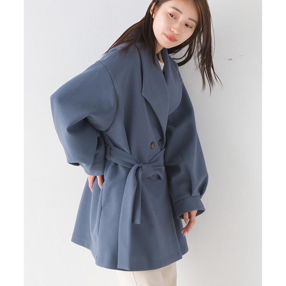 日本 OMNES - 優雅翻領束口綁帶大衣外套-藍