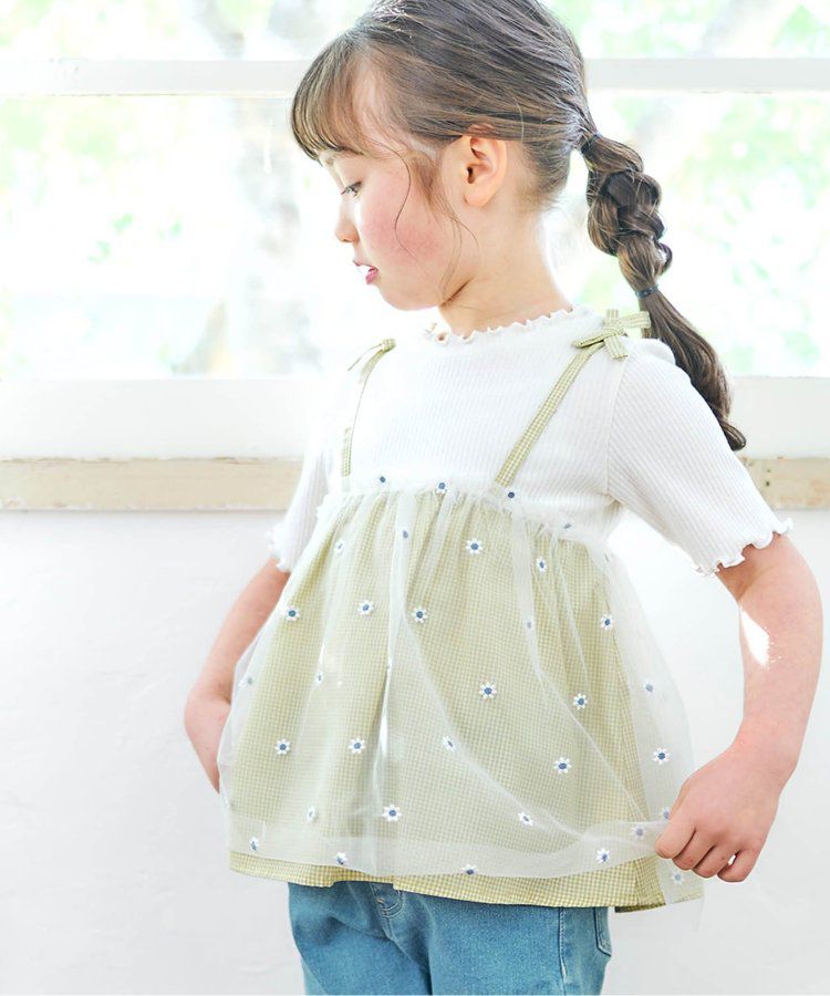 日本 apres les cours - 花朵刺繡拼接夢幻短袖上衣-卡其x粉紅