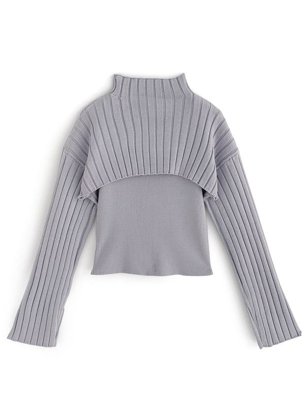 日本 GRL - 小立領羅紋兩件式針織上衣-灰藍 (F)