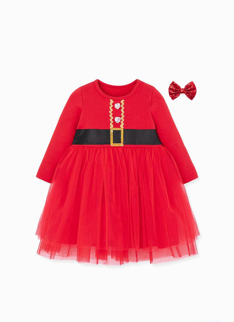 韓國 OZKIZ - (裏起毛,附髮飾)聖誕女孩網紗洋裝