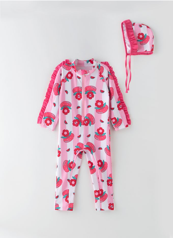 韓國 OZKIZ - 花朵泳圈長袖連身泳裝/泳帽Set-白X桃粉