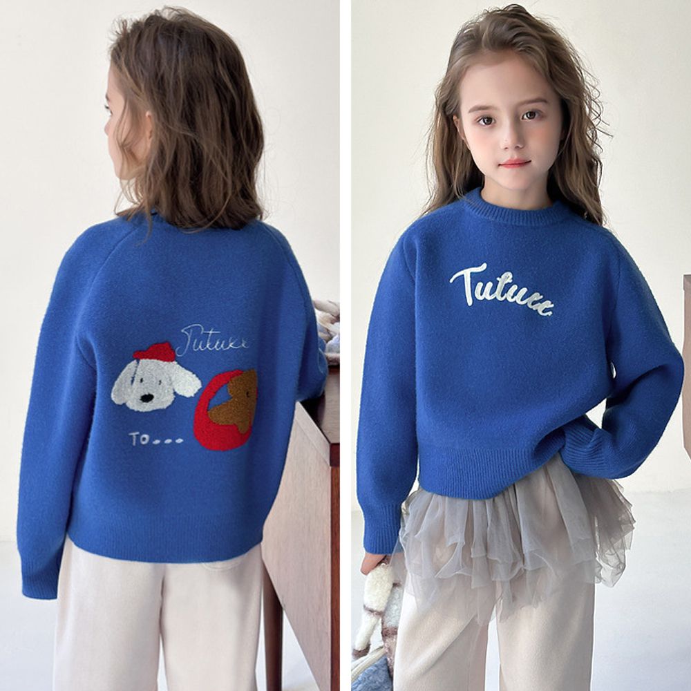 柔紗蓄暖刺繡毛衣-可愛小狗-藍色