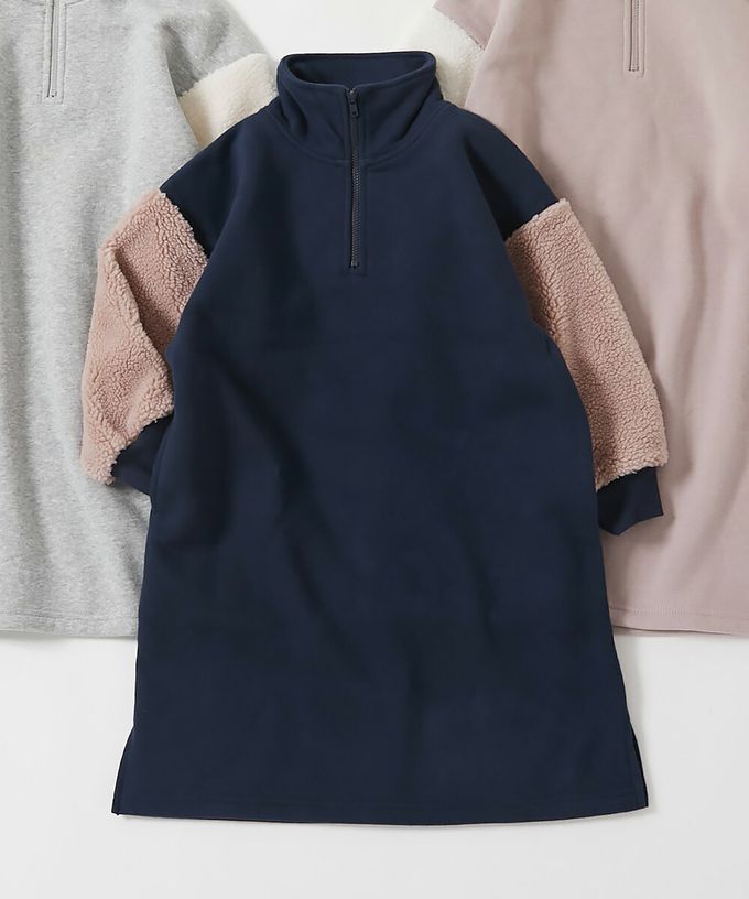 日本 devirock - 裏起毛 半拉鍊溫暖拼接長袖洋裝-深藍