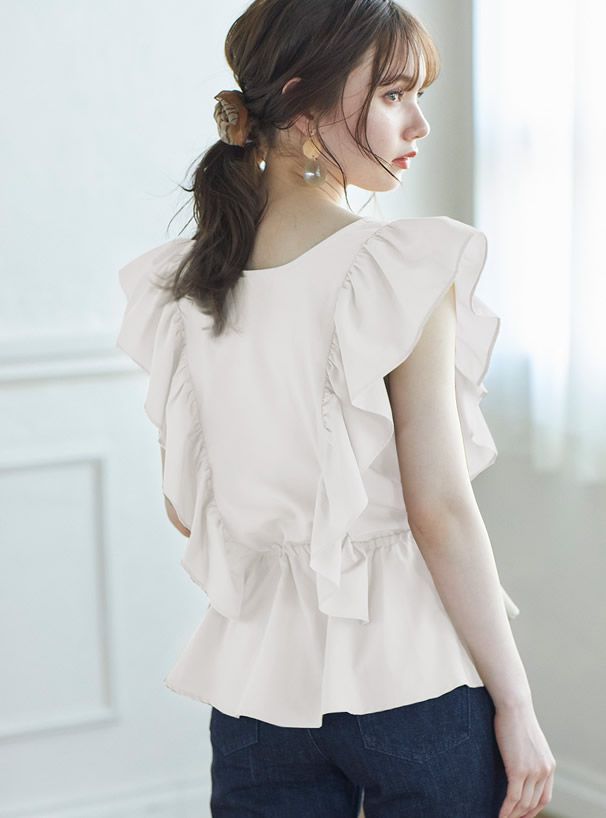 日本 GRL - 立體V型大荷葉邊無袖上衣-星塵藍