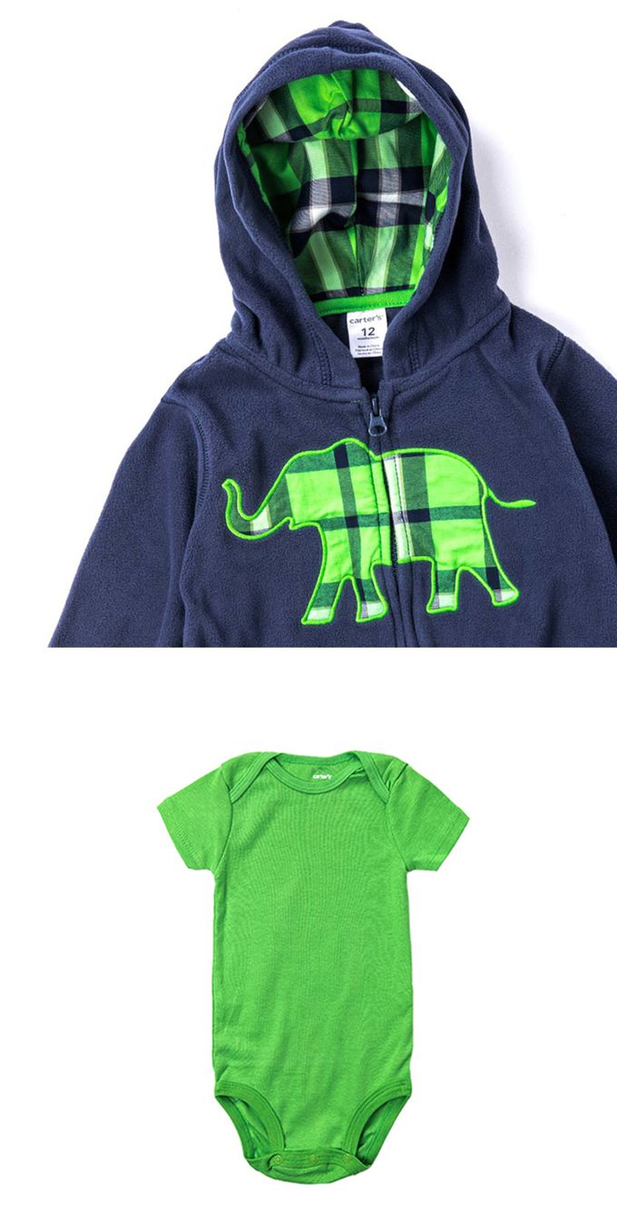 美國 Carter's - 大象貼布連帽外套+短袖包屁衣+長褲3件組
