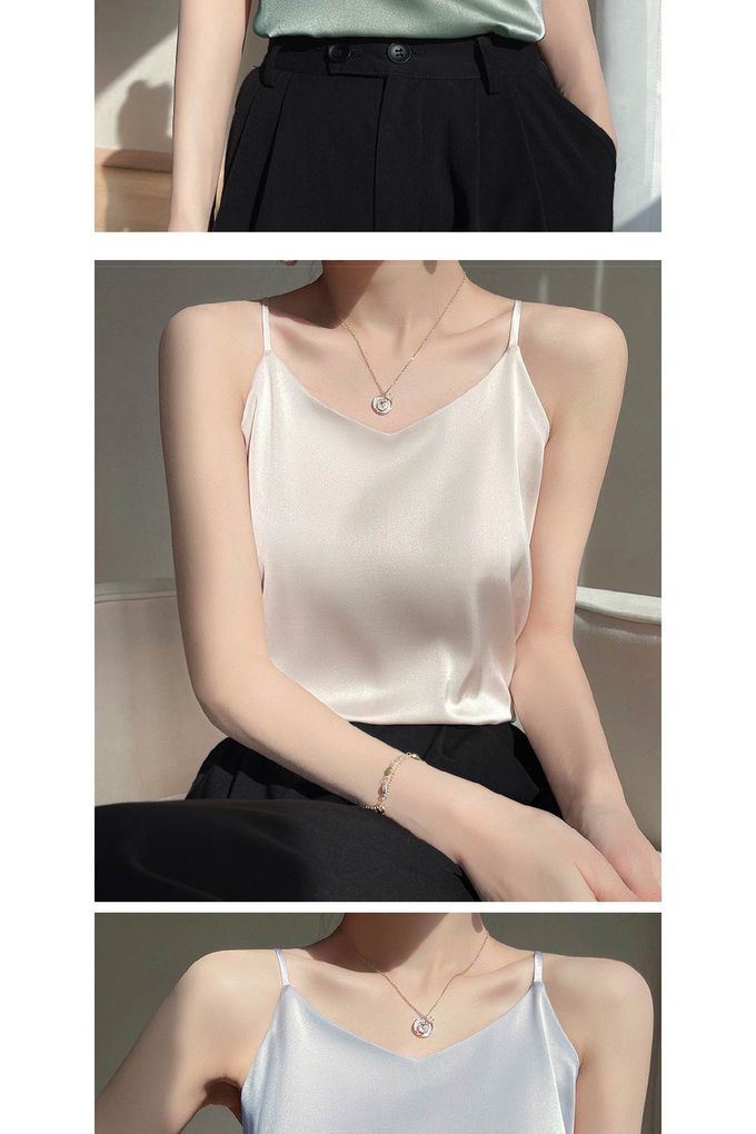 香茉 CHANMODE - V型領修飾臉型！冰絲緞面一體式涼爽夏日背心式內衣(無罩杯)-黑色
