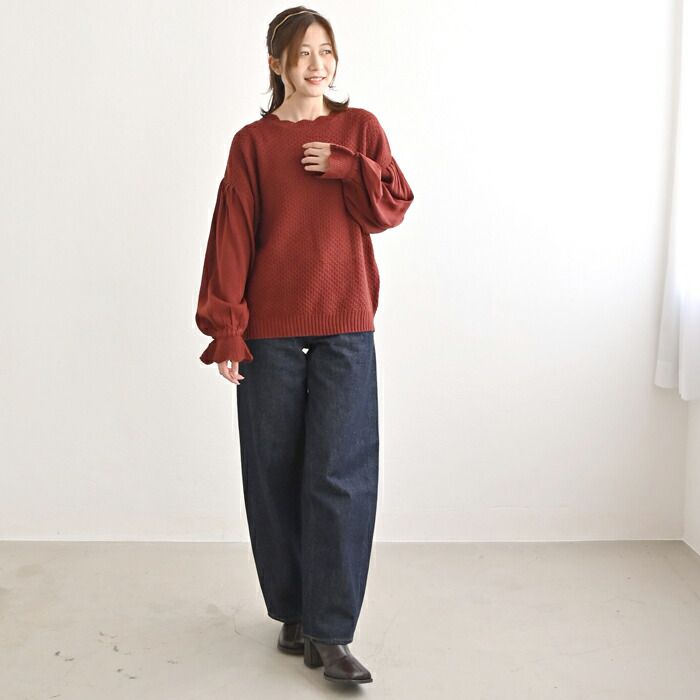 日本 ihuu - 氣質花瓣領糖果袖針織上衣-酒紅