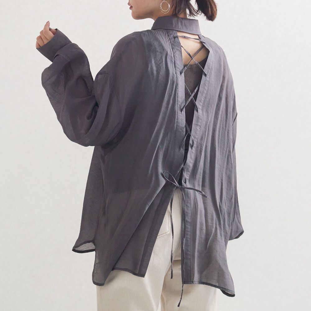 日本女裝代購 - 蝴蝶結綁帶露背薄透長袖襯衫-象牙白