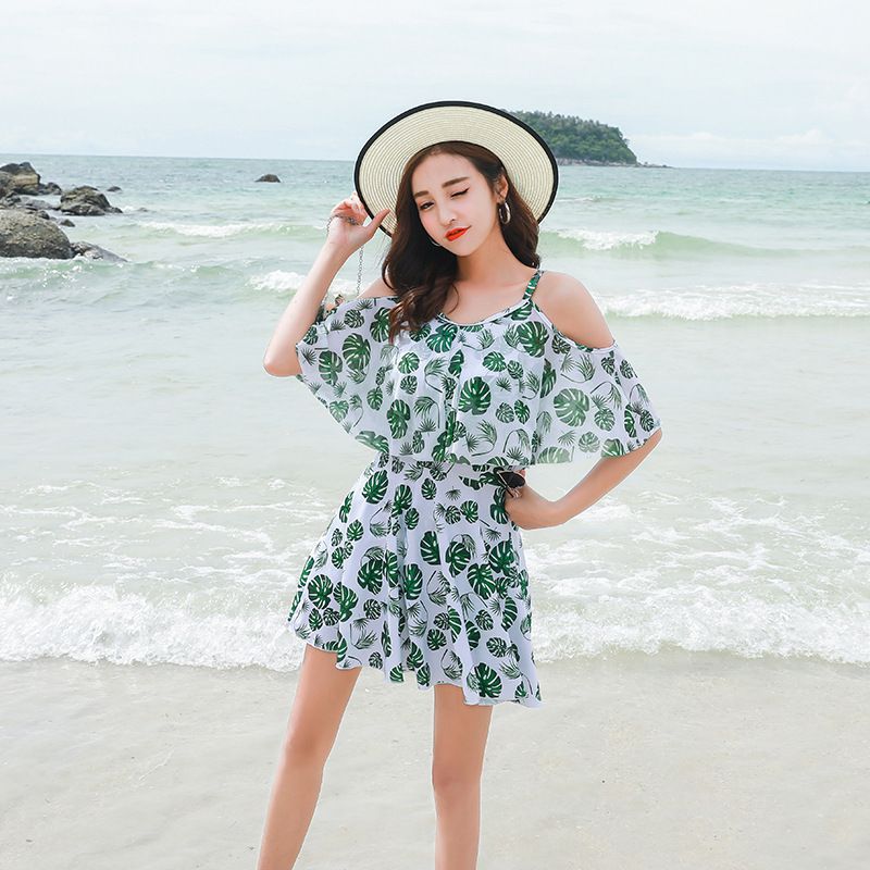 清新印花修身顯瘦遮肉連身裙泳裝-滿滿小葉子-綠+白