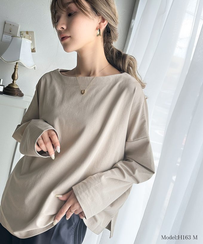 日本 Classical Elf - 一字領寬鬆落肩長袖T恤-炭灰