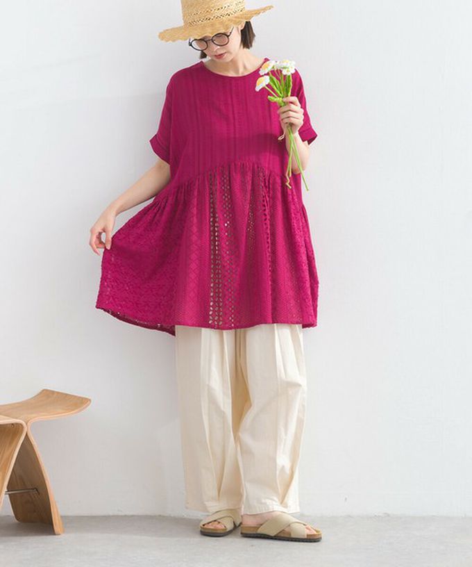 日本 Lupilien - 100%印度棉 柔美緹花長版短袖上衣-白