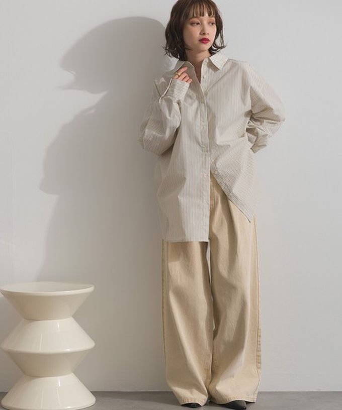 日本 ELENCARE DUE - 2way穿法俐落條紋寬版襯衫-卡其