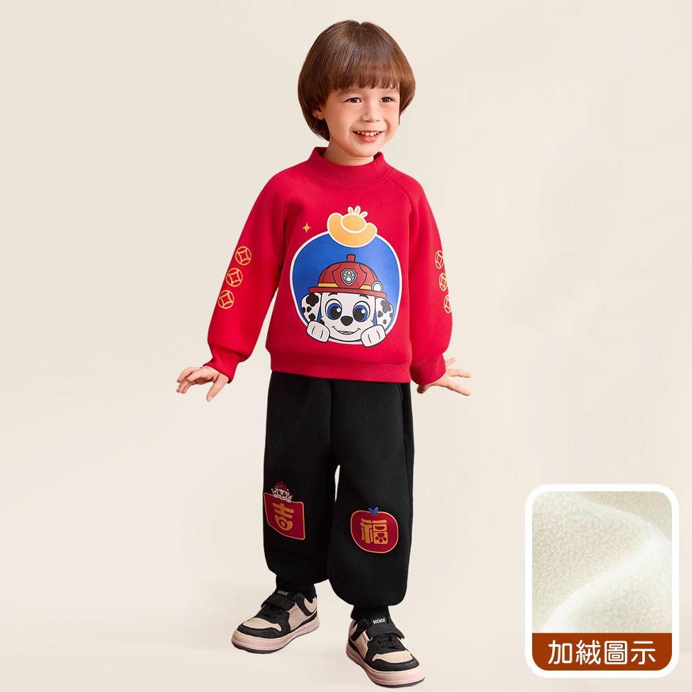 卡通汪汪隊加絨半高領長袖套裝-卡通人物毛毛-紅色