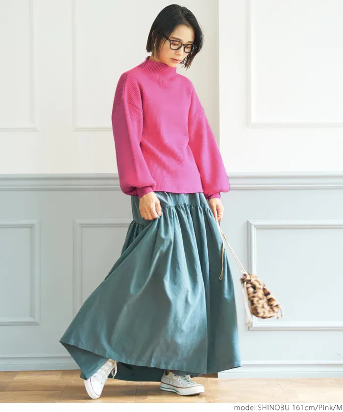 日本 COCA - 立領修身坑條落肩針織毛衣-米杏