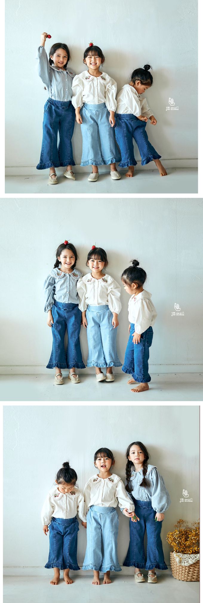 韓國 Jmsnail - 草莓刺繡領點綴澎澎袖襯衫-藍