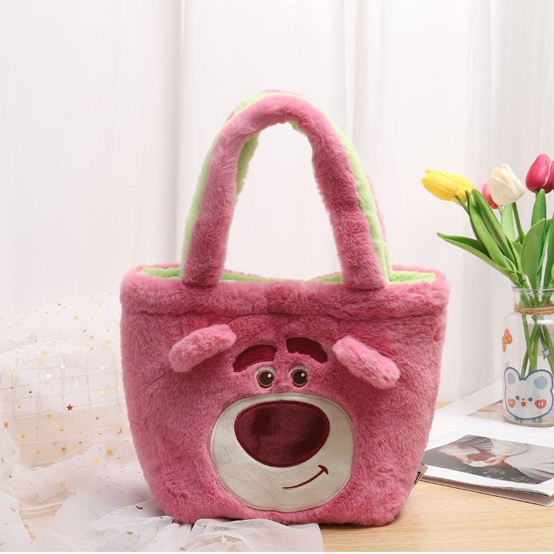 卡通毛茸茸兩面翻翻手提袋-卡通人物跳跳虎+維尼-橘+黃 (31x23x12cm)