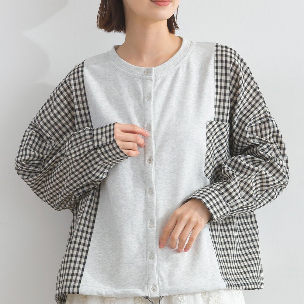 可愛格子拼接裏毛休閒襯衫-黑白