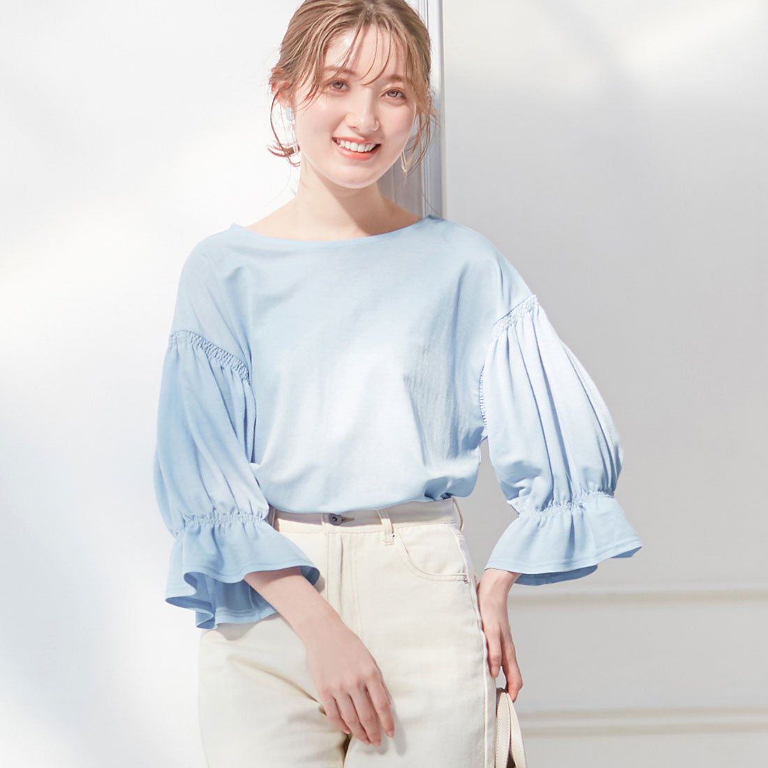 日本 BELLUNA - 接觸涼感 優雅糖果七分袖上衣-深藍