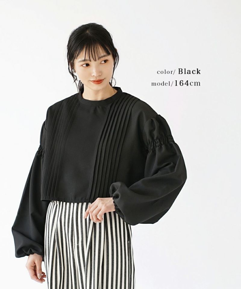 日本 zootie - 短版立領百褶泡泡袖上衣-經典黑