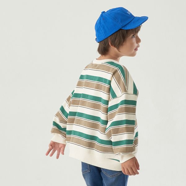 日本 b-ROOM - 裏起毛亮色系大落肩條紋上衣-黑灰系