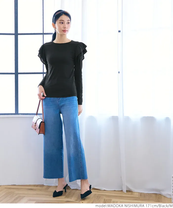 日本 COCA - 棉混透氣荷葉邊薄長袖上衣-黑