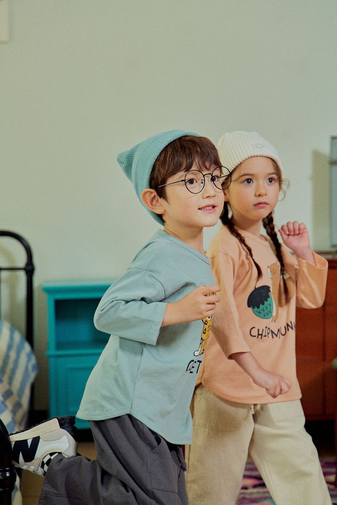 韓國 First Blue - 動物印花長袖上衣-松鼠-淺橘杏