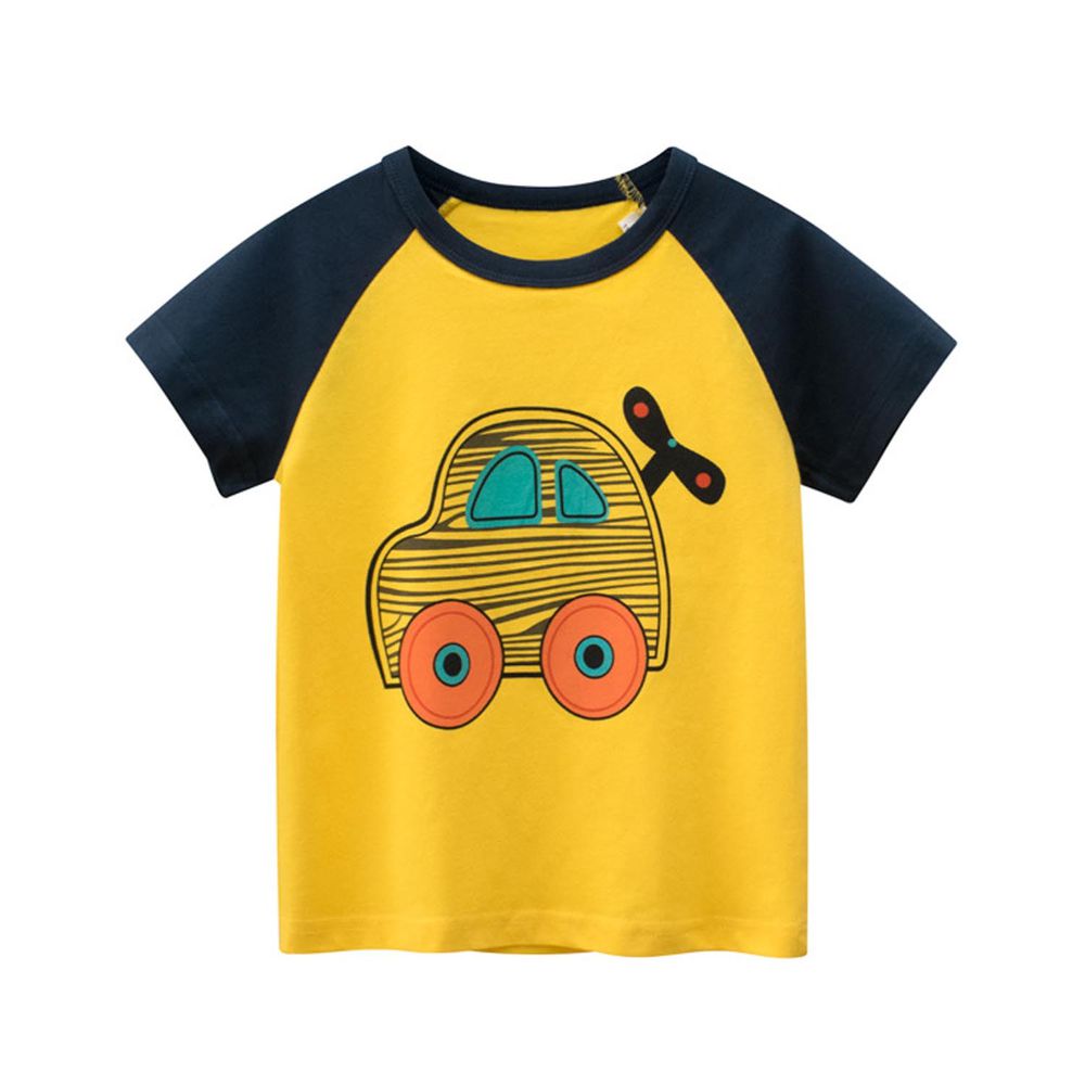 27KIDS - 純棉短袖上衣-Q版玩具車-黃+深藍