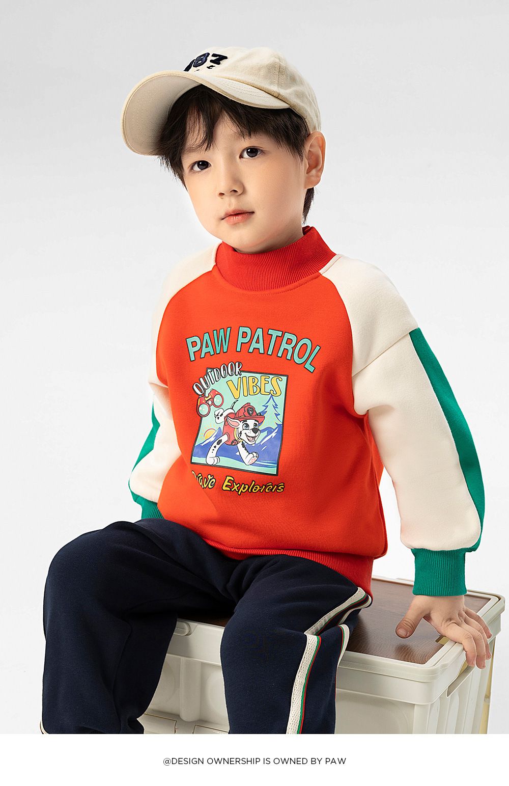 卡通汪汪隊加絨半高領拼接長袖上衣-卡通人物阿奇-深藍+藍