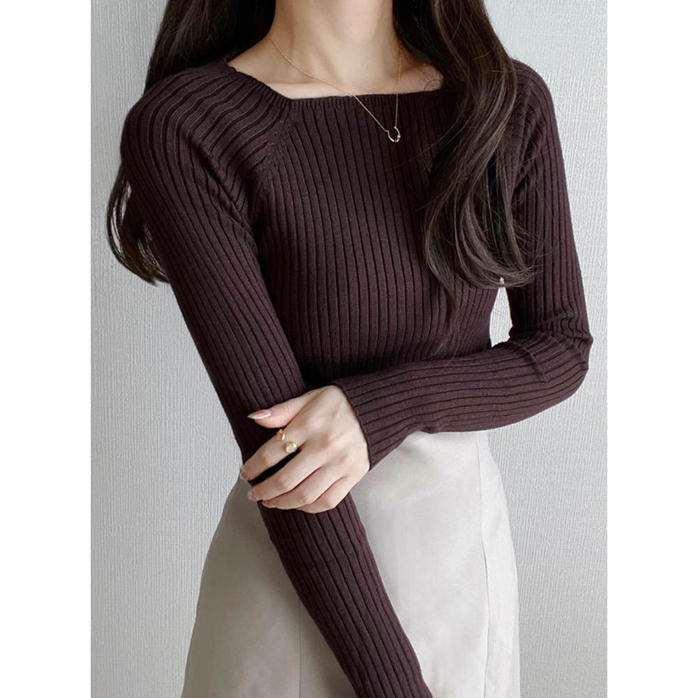 法式方領羅紋針織上衣-深可可