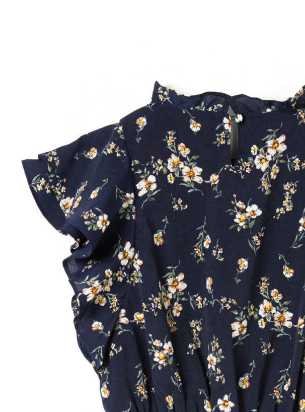 日本 GRL - 清新小碎花飛飛袖綁帶雪紡洋裝-深藍