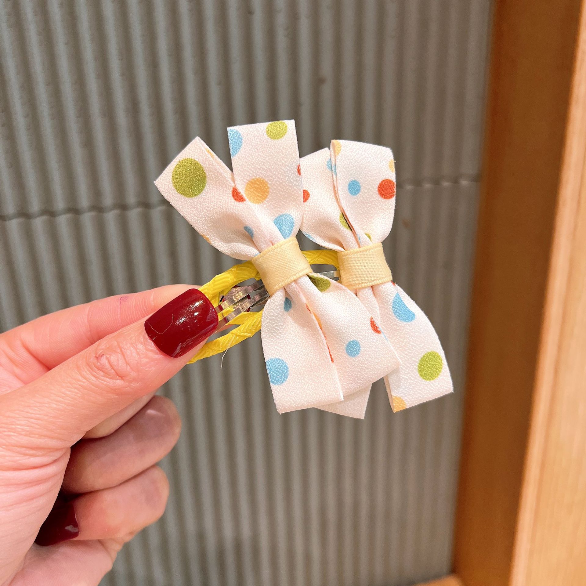 小清新布藝蝴蝶結圓點髮夾-拼色款-米白+黃