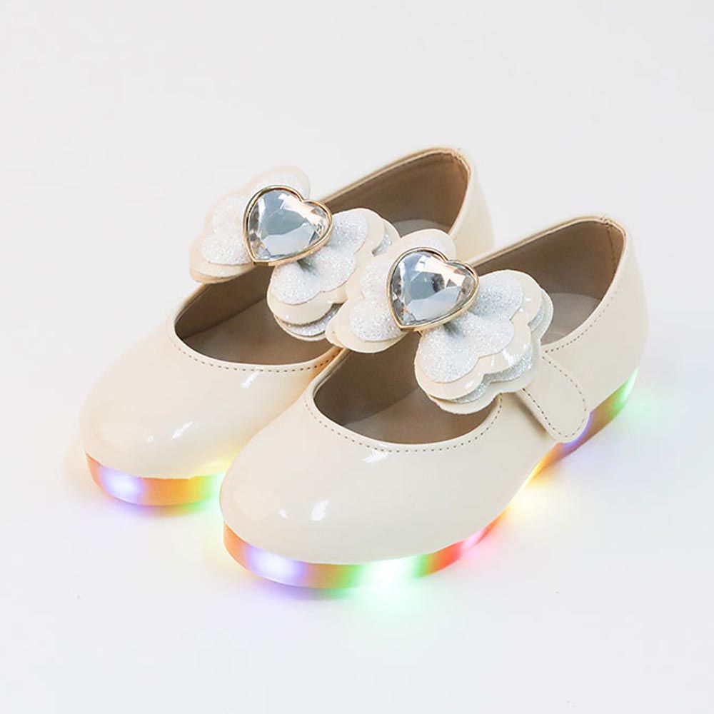 韓國 OZKIZ - (LED)寶石愛心蝴蝶結皮鞋-象牙白