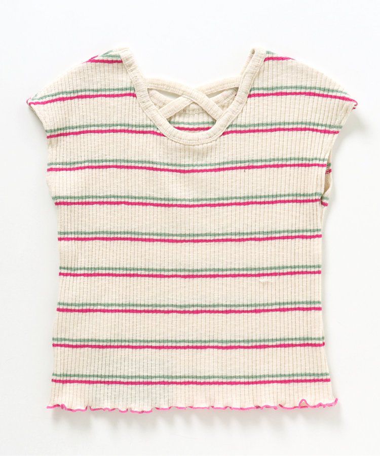 日本 BREEZE - 背交叉下擺捲邊羅紋短袖上衣-紅綠條紋