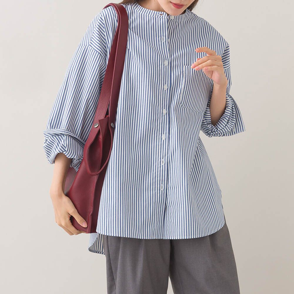 柔滑科技棉 小立領長袖襯衫-條紋-藍