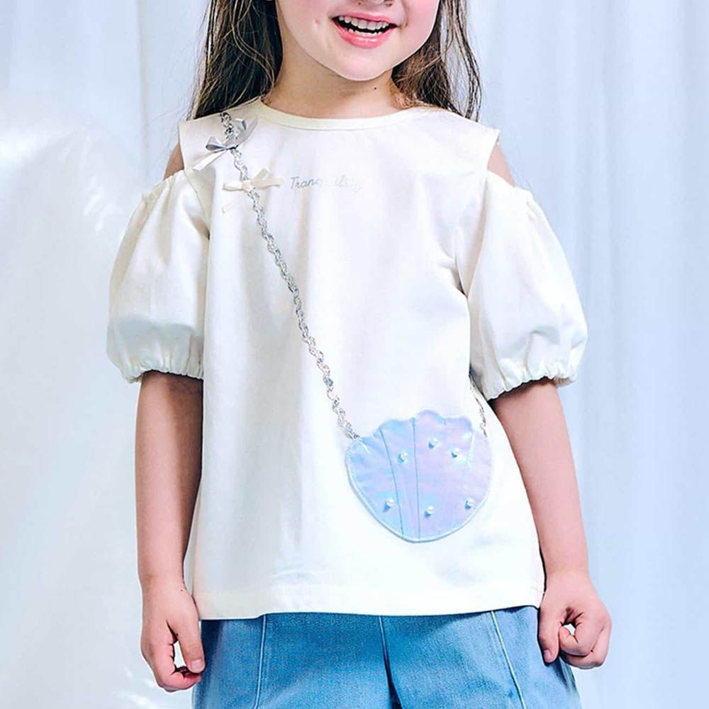 接觸涼感 貝殼包包露肩短袖上衣-象牙白