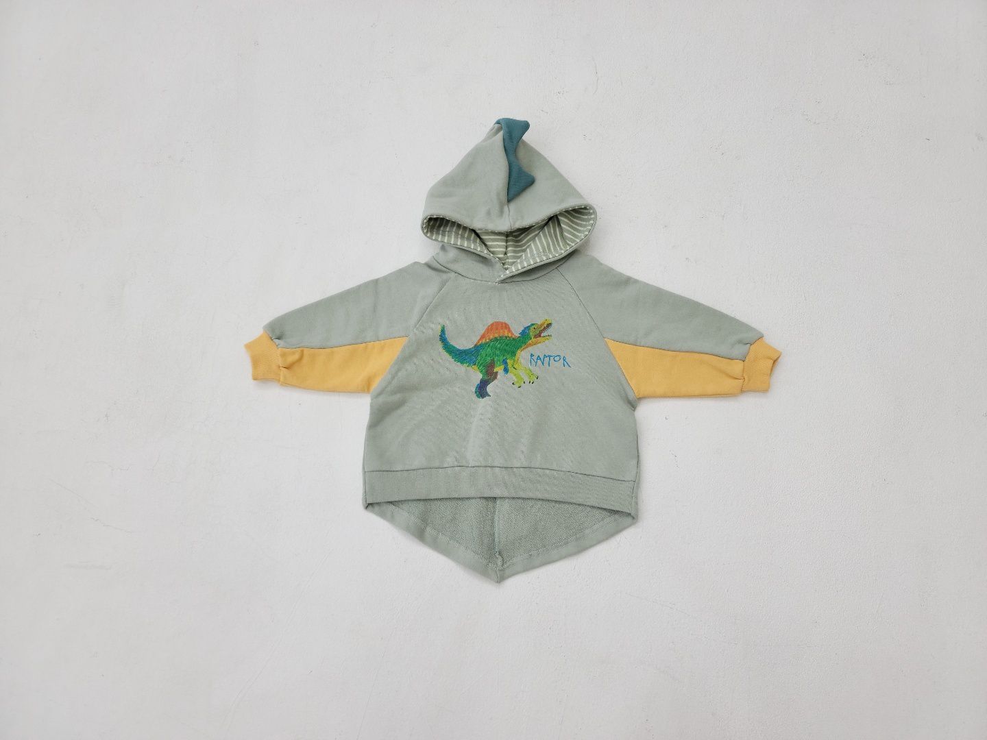 韓國 Mimico - 手繪恐龍立體造型連帽上衣-淺灰綠