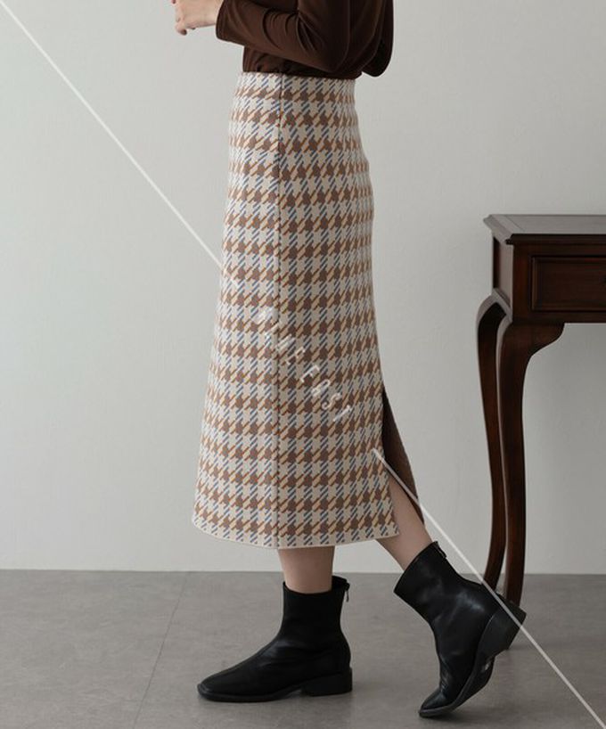 日本 BLUE EAST - 氣質千鳥格針織開叉合身長裙-灰白