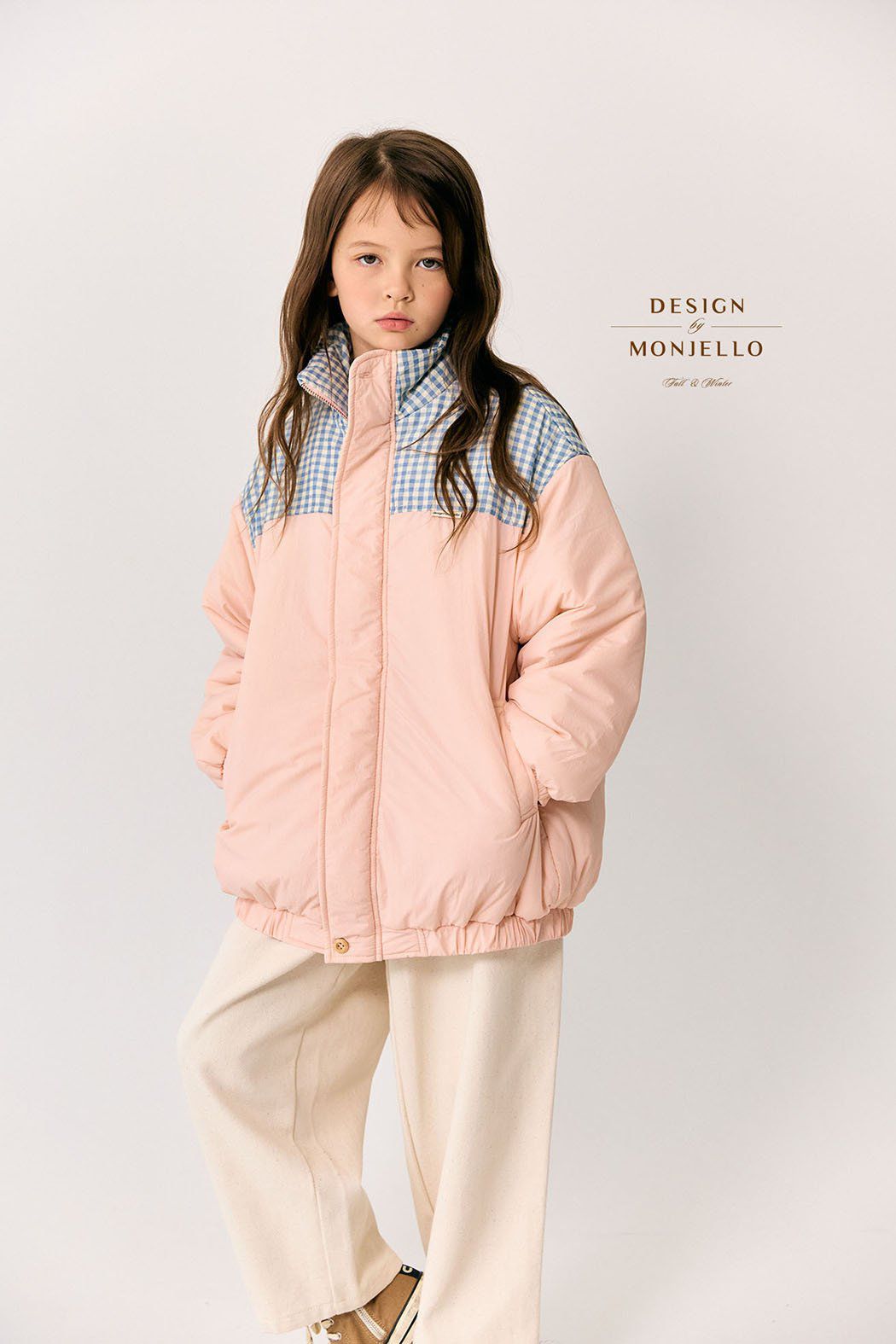 韓國 MONJELLO - 格子點綴拉鍊立領鋪棉外套-粉