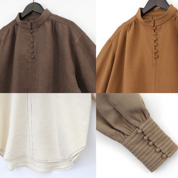 日本 Riche Glamour - 撞色排釦圓弧衣襬小中山領上衣-褐杏