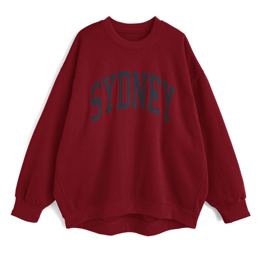 英文刺繡寬鬆休閒大學T-SYDNEY-酒紅 (F)