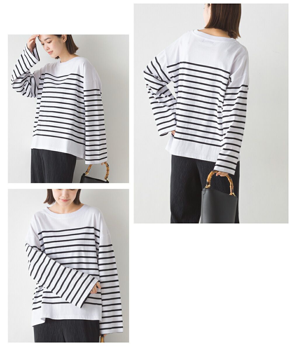 日本 OMNES - 顯瘦百搭條紋長袖上衣-黑x白