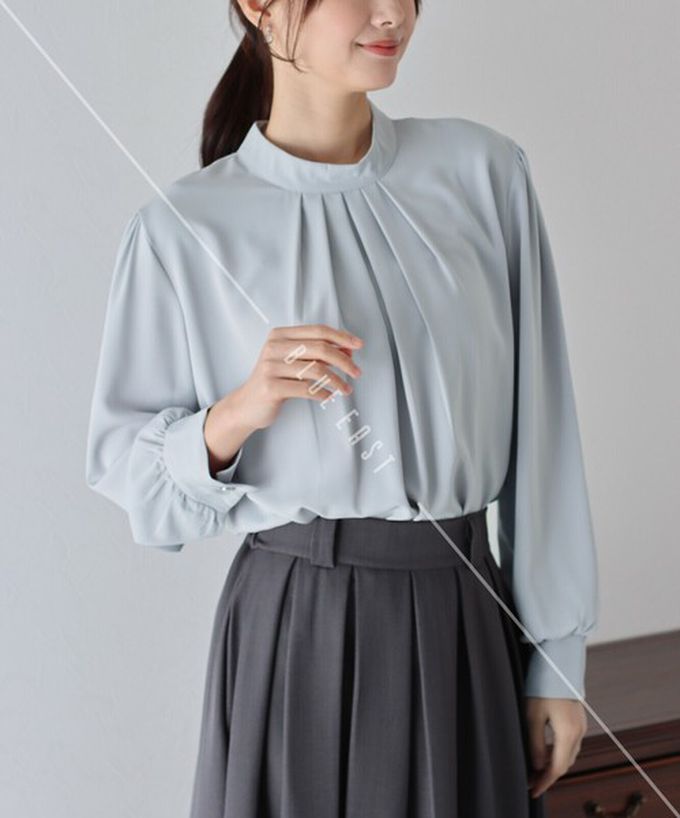 日本 BLUE EAST - 優雅摺線都會感小立領長袖上衣-黑