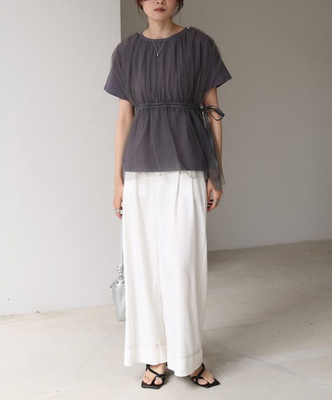 日本 Bab - 仙氣皺摺薄紗 腰綁帶短袖上衣-卡其