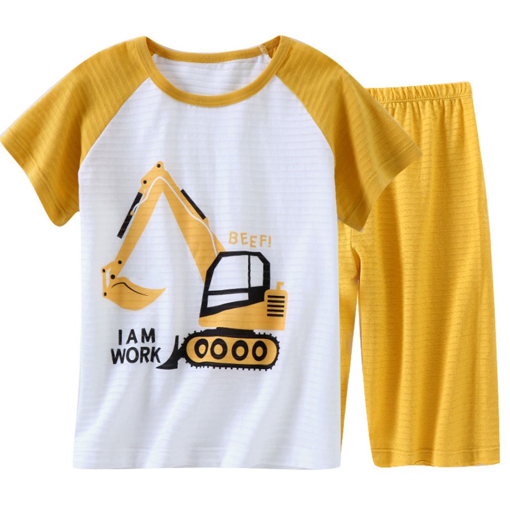MAMDADKIDS - 竹節棉短袖套裝/家居服-挖土機開工-黃色