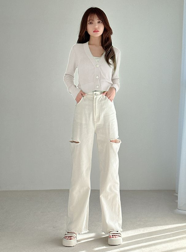 日本 GRL - 純棉厚磅美式抓破長褲-米白