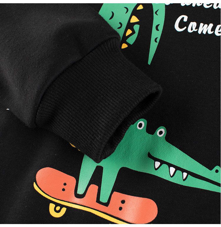 加絨棉質圓領長袖上衣/大學T-特技鱷魚-黑色